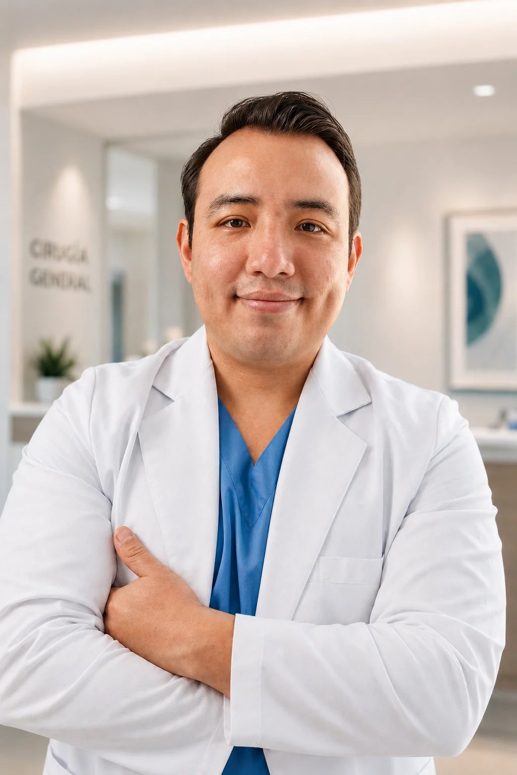 Profesional de la salud con bata blanca y uniforme azul sonriendo en la clínica