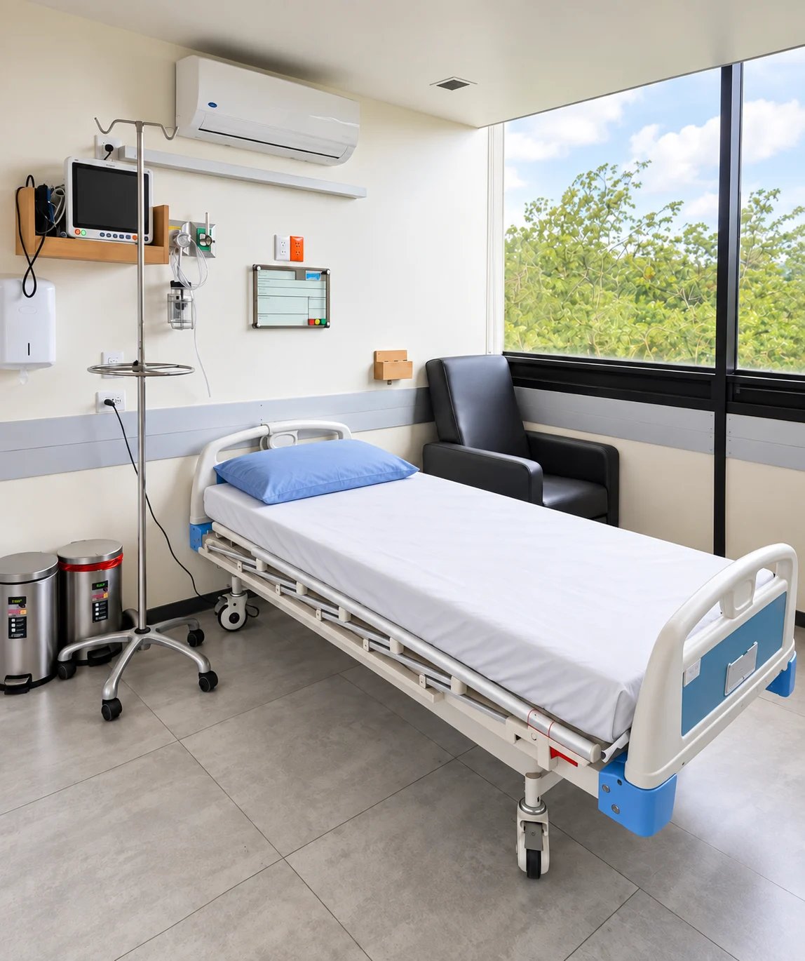 Habitación de recuperación con cama de hospital, sillón y ventanal con vista a árboles