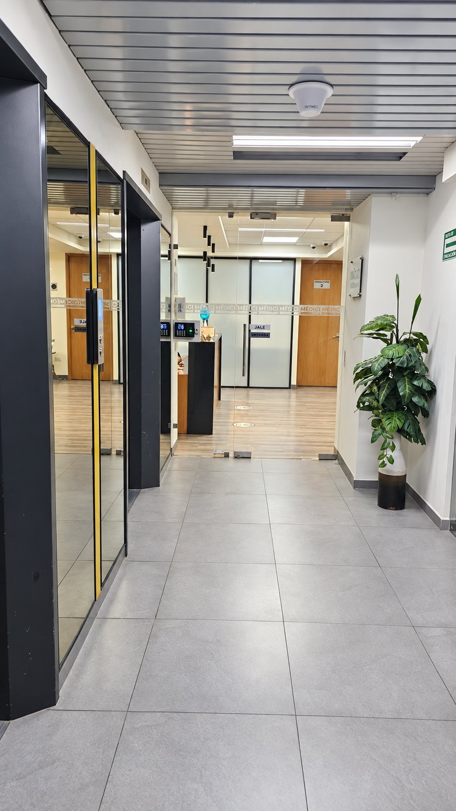 Pasillo de acceso con piso de loseta gris, canceles de vidrio y puertas de madera