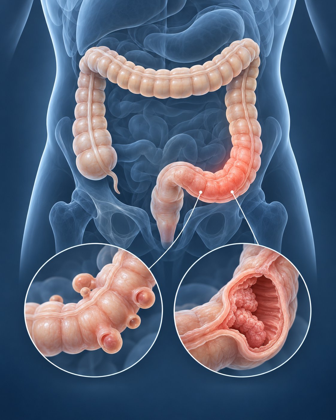Ilustración del colon sigmoides con detalles de divertículos y una lesión que estrecha su interior